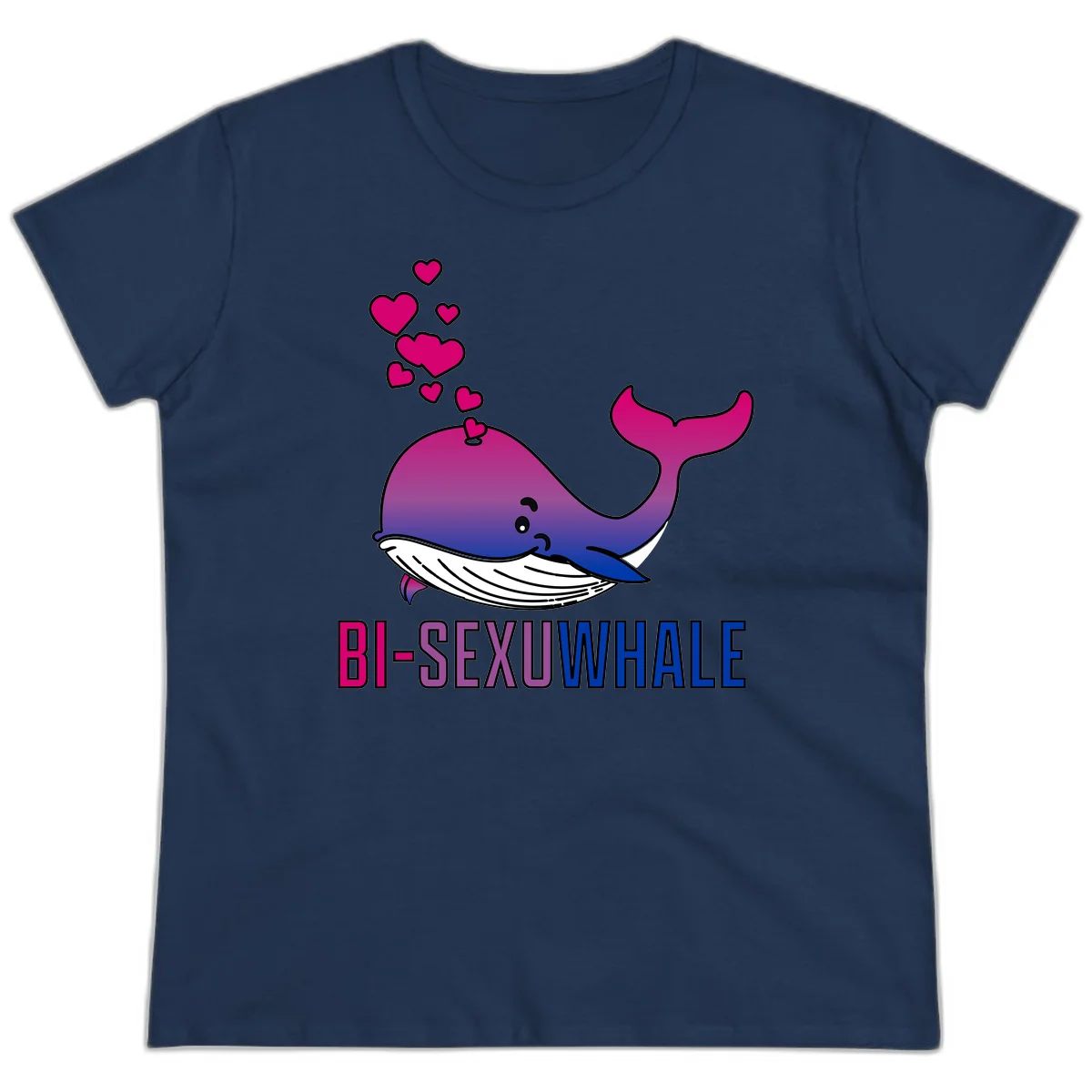 Cute smiling whale in bi pride colors (magenta, purple, blue) with floating hearts and 'BI-SEXUAL WHALE' text below in Navy