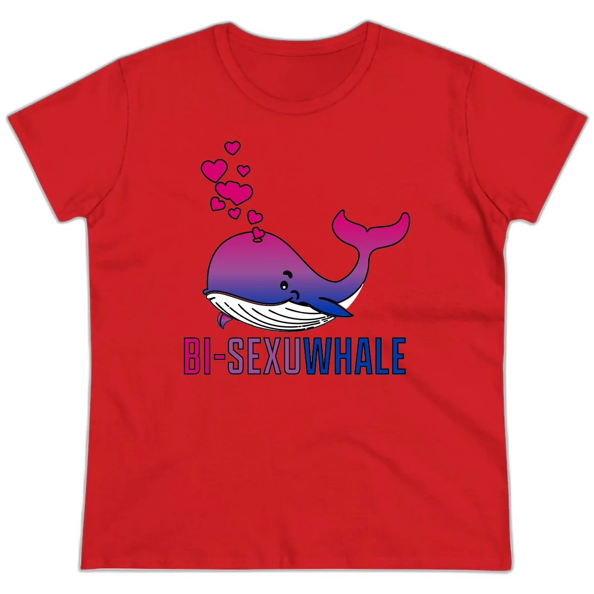 Cute smiling whale in bi pride colors (magenta, purple, blue) with floating hearts and 'BI-SEXUAL WHALE' text below in Red