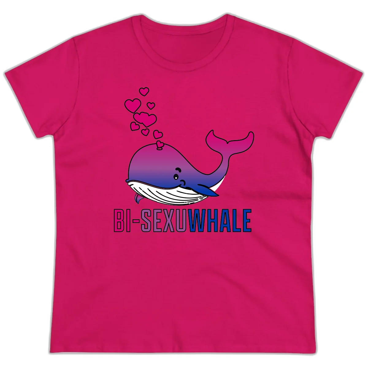 Cute smiling whale in bi pride colors (magenta, purple, blue) with floating hearts and 'BI-SEXUAL WHALE' text below in Heliconia