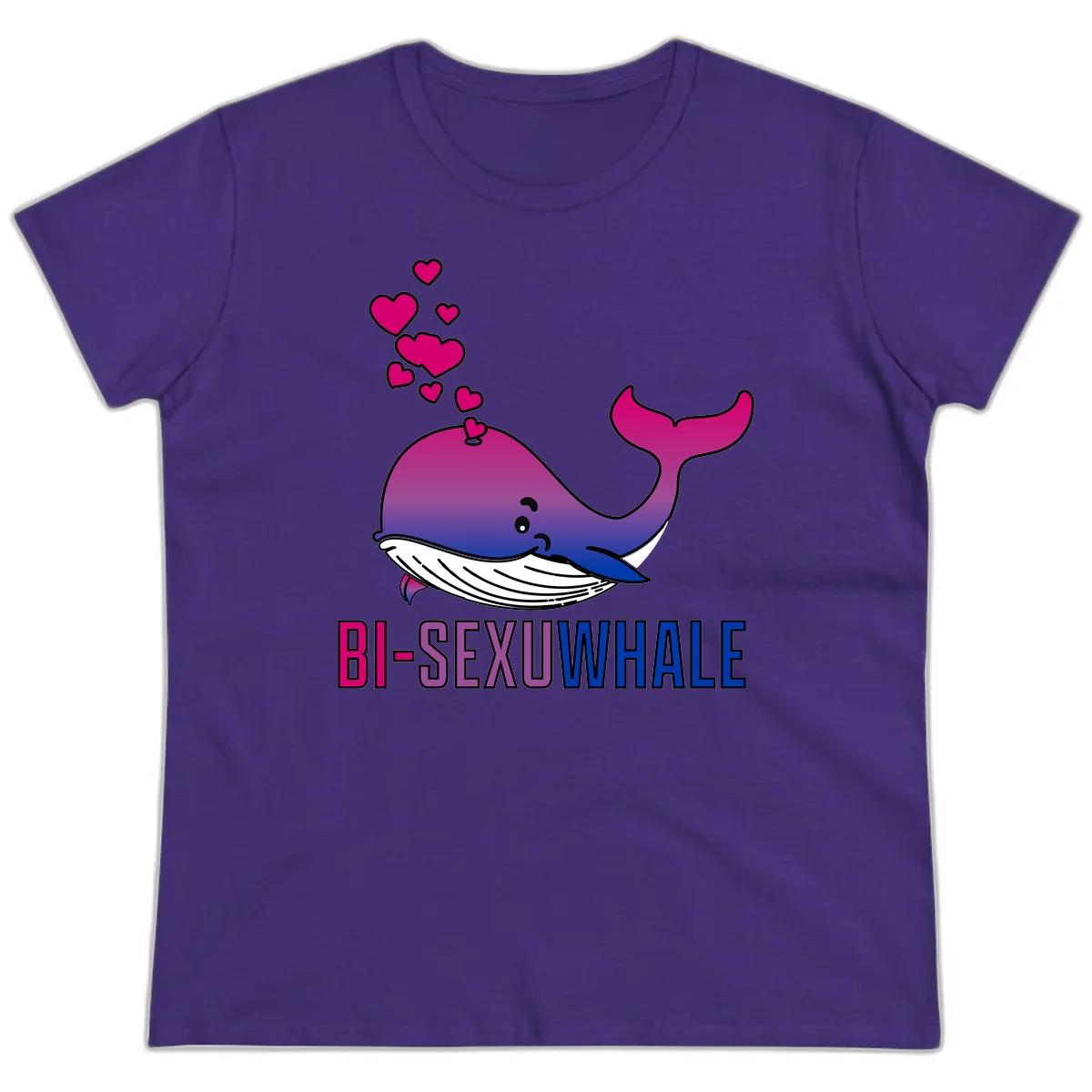 Cute smiling whale in bi pride colors (magenta, purple, blue) with floating hearts and 'BI-SEXUAL WHALE' text below in Purple