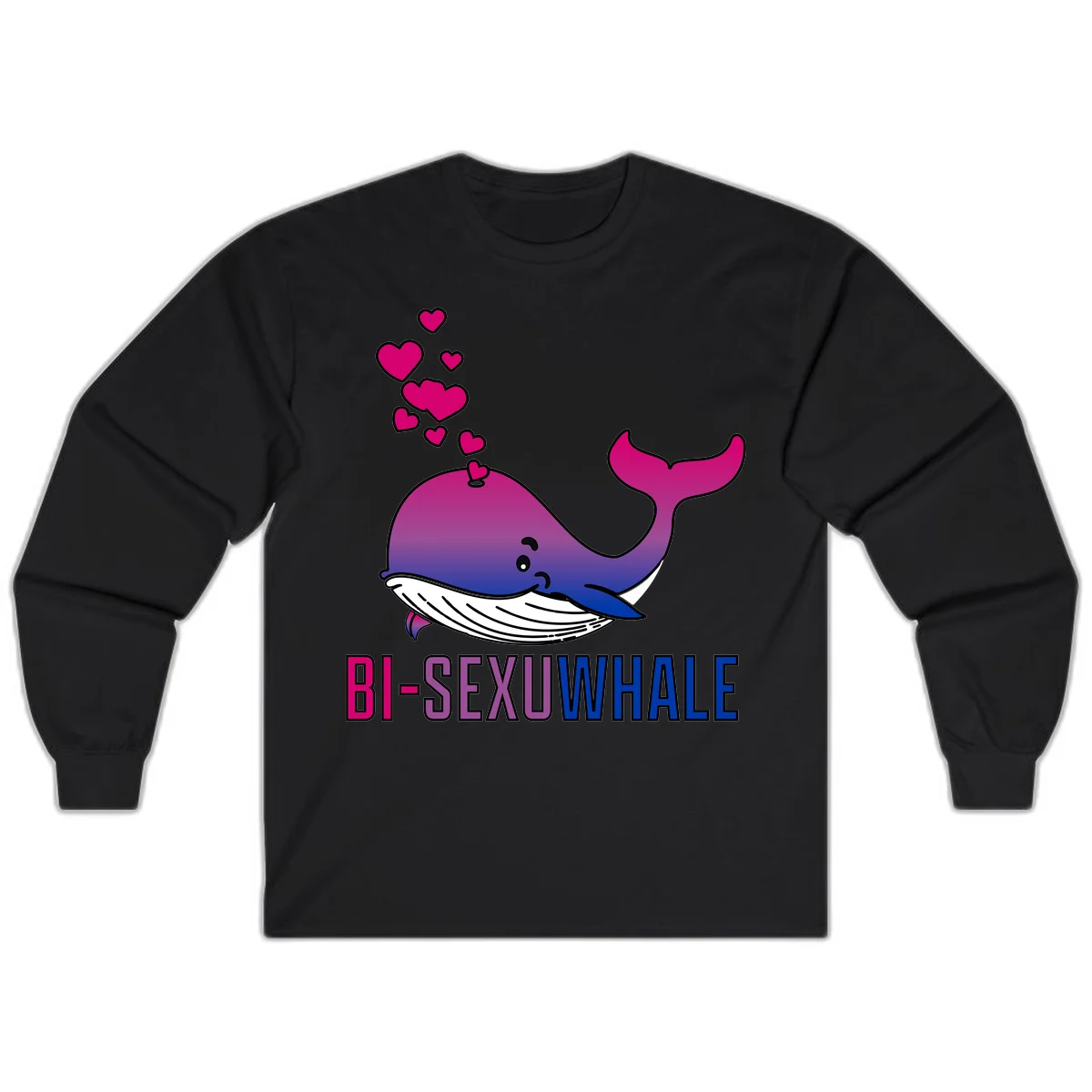Cute smiling whale in bi pride colors (magenta, purple, blue) with floating hearts and 'BI-SEXUAL WHALE' text below in Black