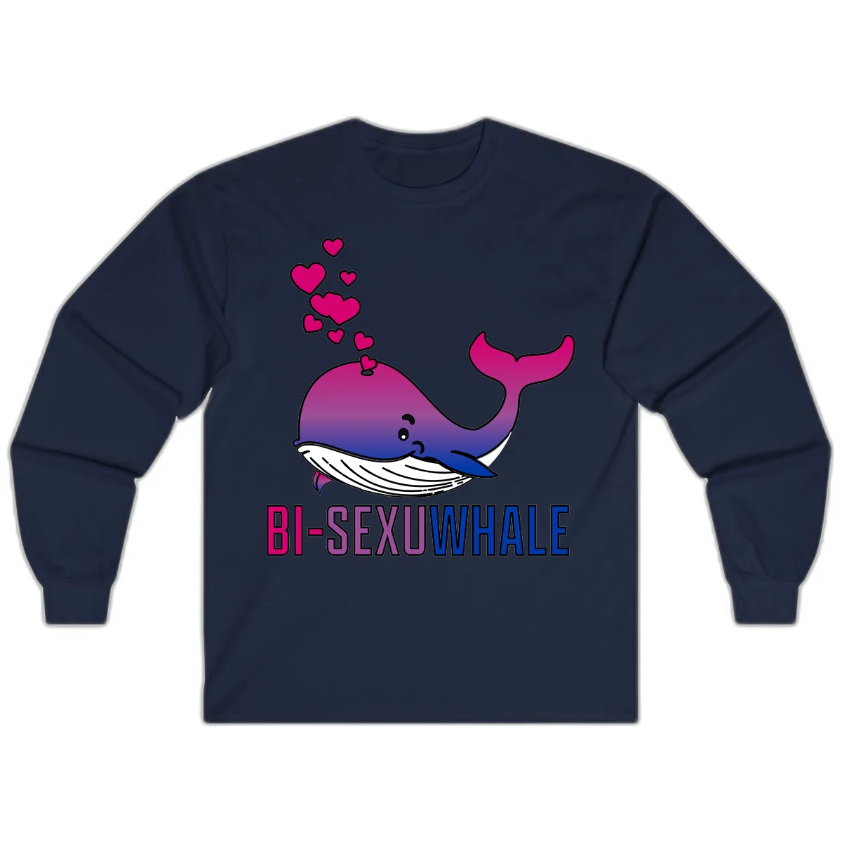 Cute smiling whale in bi pride colors (magenta, purple, blue) with floating hearts and 'BI-SEXUAL WHALE' text below in Navy