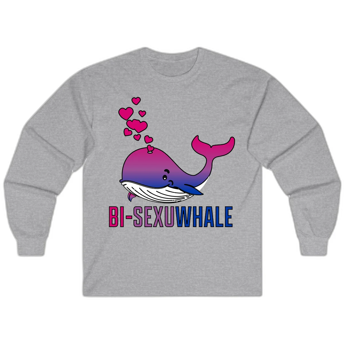 Cute smiling whale in bi pride colors (magenta, purple, blue) with floating hearts and 'BI-SEXUAL WHALE' text below in Sport Grey