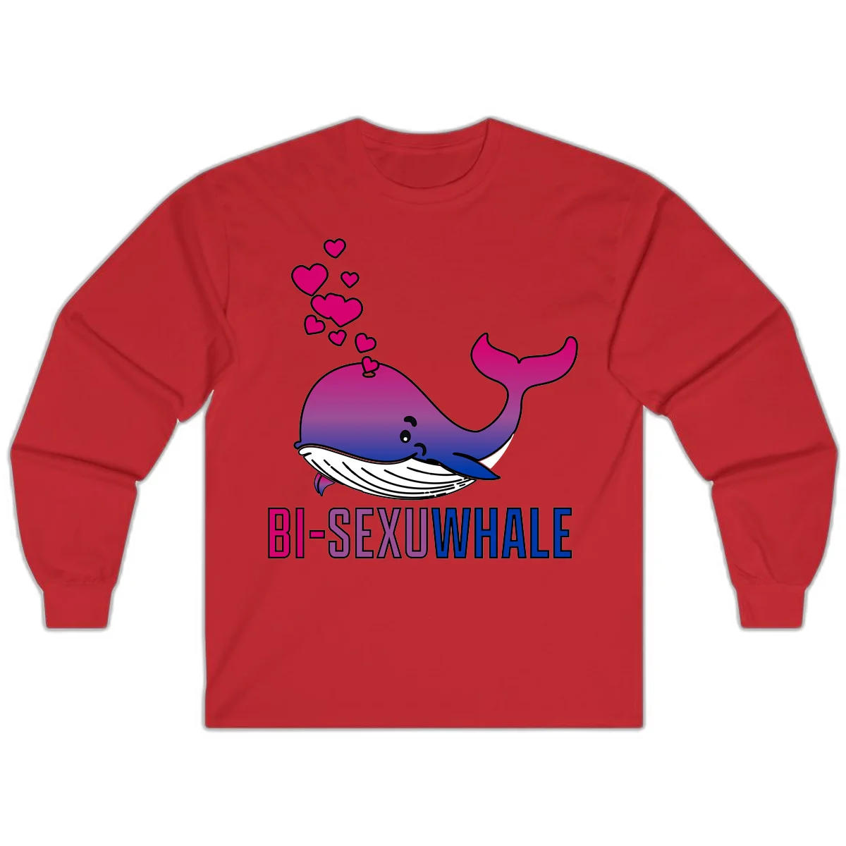 Cute smiling whale in bi pride colors (magenta, purple, blue) with floating hearts and 'BI-SEXUAL WHALE' text below in Red