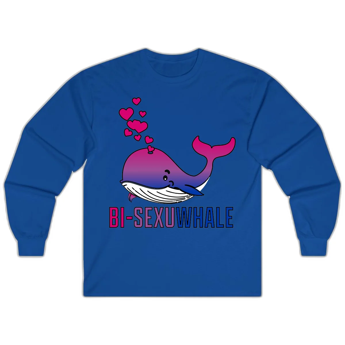 Cute smiling whale in bi pride colors (magenta, purple, blue) with floating hearts and 'BI-SEXUAL WHALE' text below in Royal