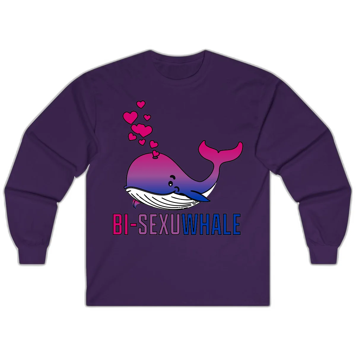 Cute smiling whale in bi pride colors (magenta, purple, blue) with floating hearts and 'BI-SEXUAL WHALE' text below in Purple