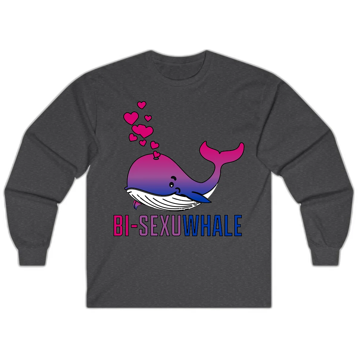 Cute smiling whale in bi pride colors (magenta, purple, blue) with floating hearts and 'BI-SEXUAL WHALE' text below in Dark Heather