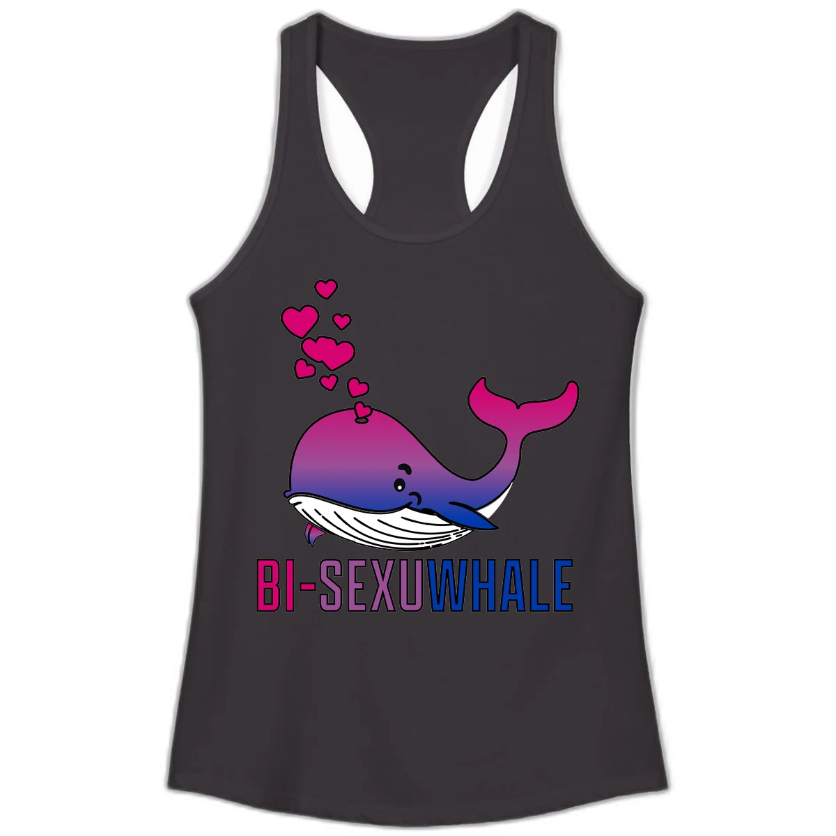 Cute smiling whale in bi pride colors (magenta, purple, blue) with floating hearts and 'BI-SEXUAL WHALE' text below in Black