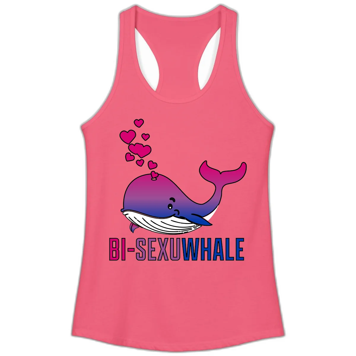 Cute smiling whale in bi pride colors (magenta, purple, blue) with floating hearts and 'BI-SEXUAL WHALE' text below in Hot Pink