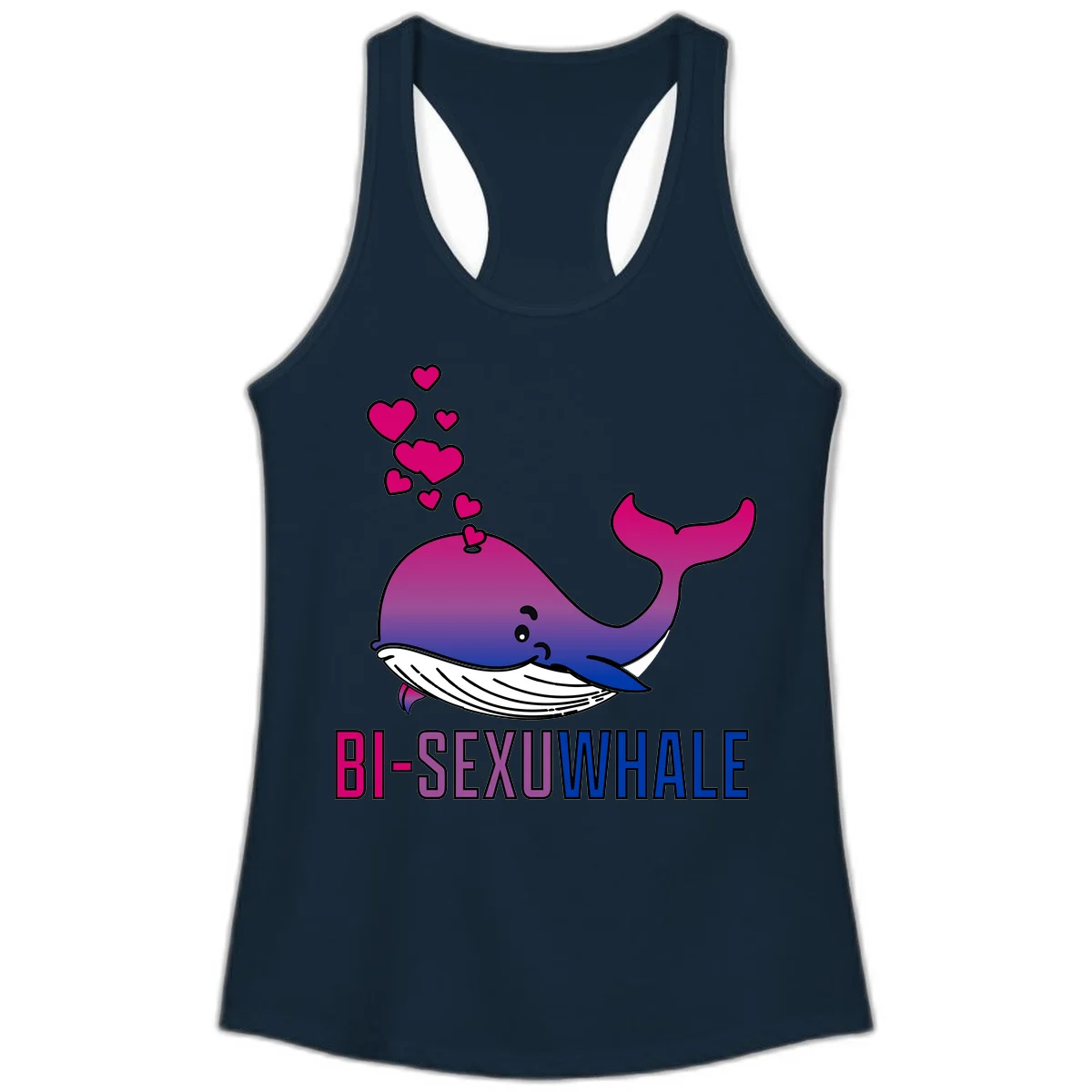 Cute smiling whale in bi pride colors (magenta, purple, blue) with floating hearts and 'BI-SEXUAL WHALE' text below in Solid Midnight Navy