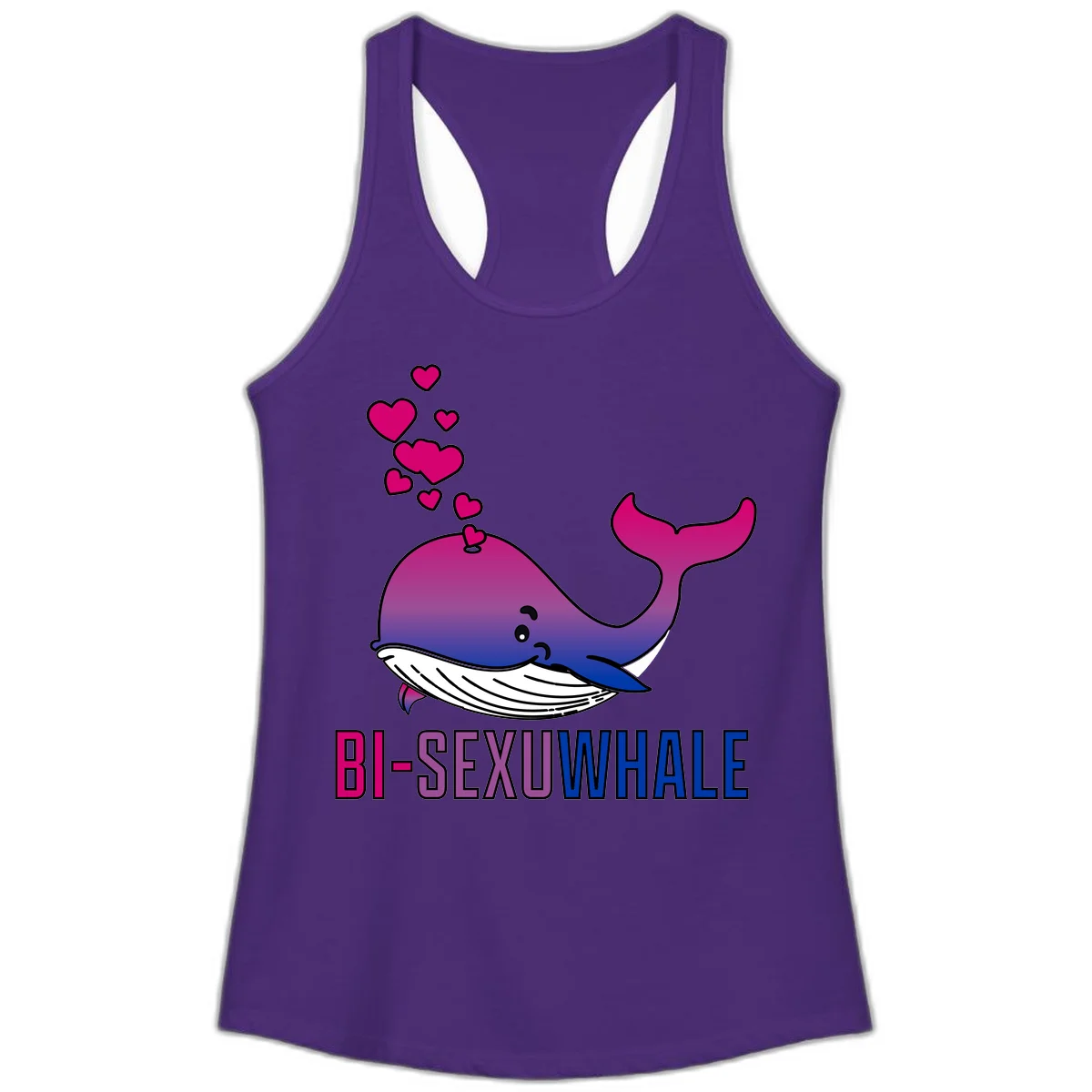 Cute smiling whale in bi pride colors (magenta, purple, blue) with floating hearts and 'BI-SEXUAL WHALE' text below in Solid Purple Rush