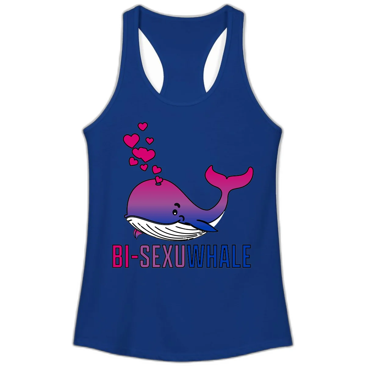 Cute smiling whale in bi pride colors (magenta, purple, blue) with floating hearts and 'BI-SEXUAL WHALE' text below in Solid Royal