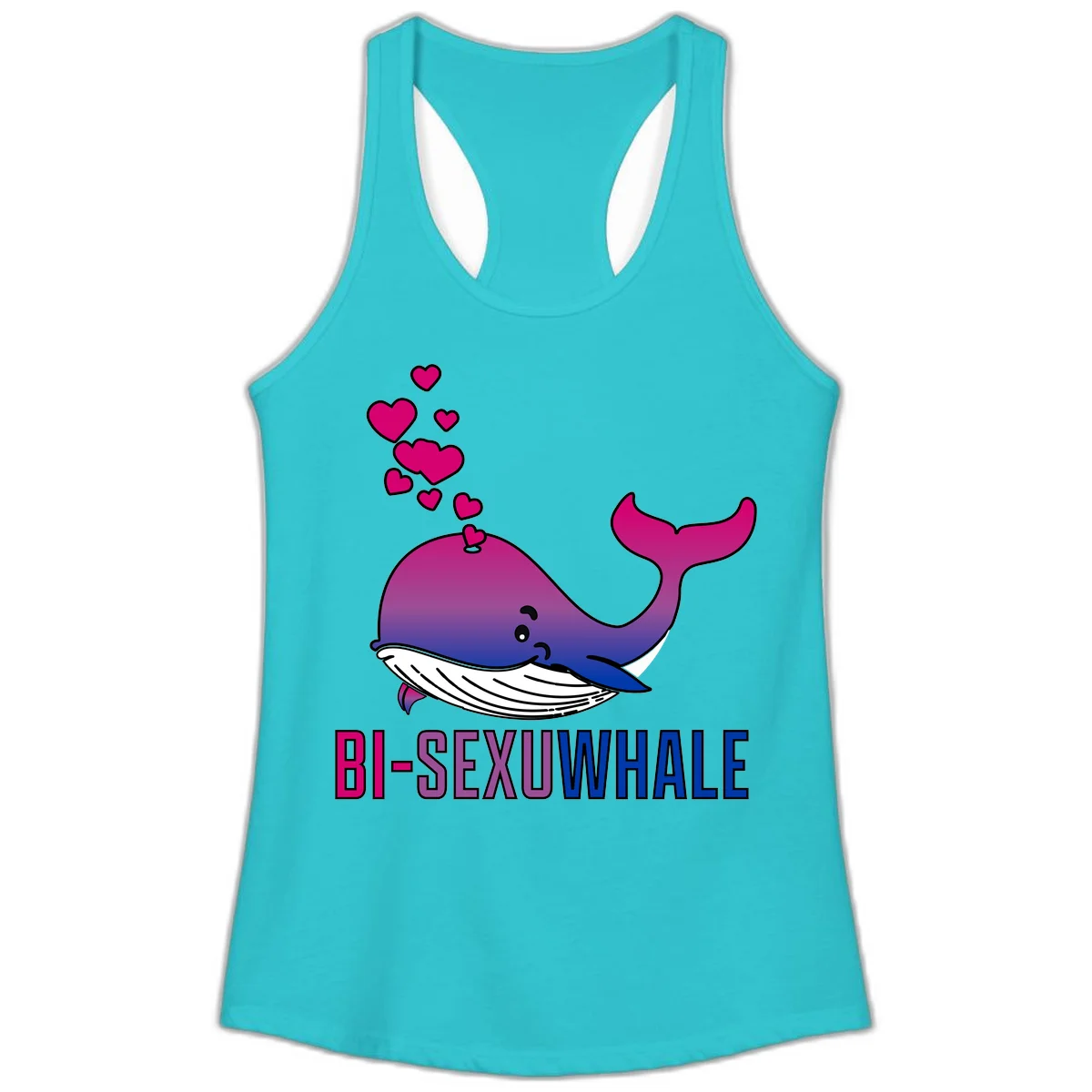 Cute smiling whale in bi pride colors (magenta, purple, blue) with floating hearts and 'BI-SEXUAL WHALE' text below in Solid Tahiti Blue