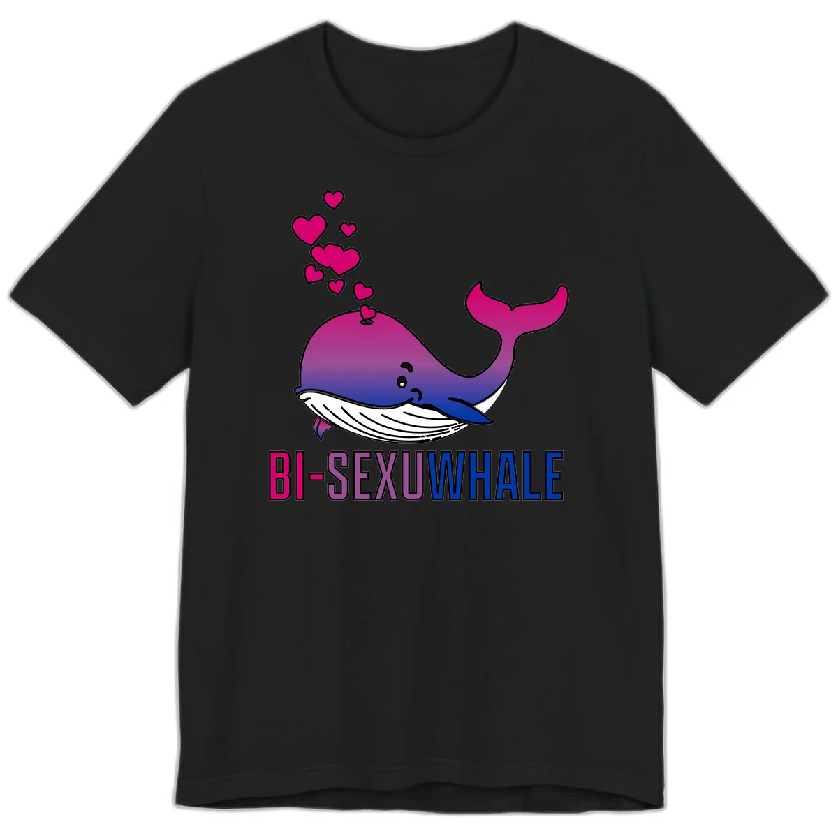 Cute smiling whale in bi pride colors (magenta, purple, blue) with floating hearts and 'BI-SEXUAL WHALE' text below in Black