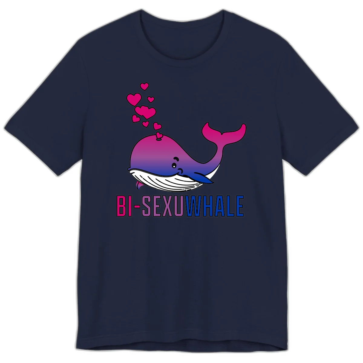 Cute smiling whale in bi pride colors (magenta, purple, blue) with floating hearts and 'BI-SEXUAL WHALE' text below in Navy