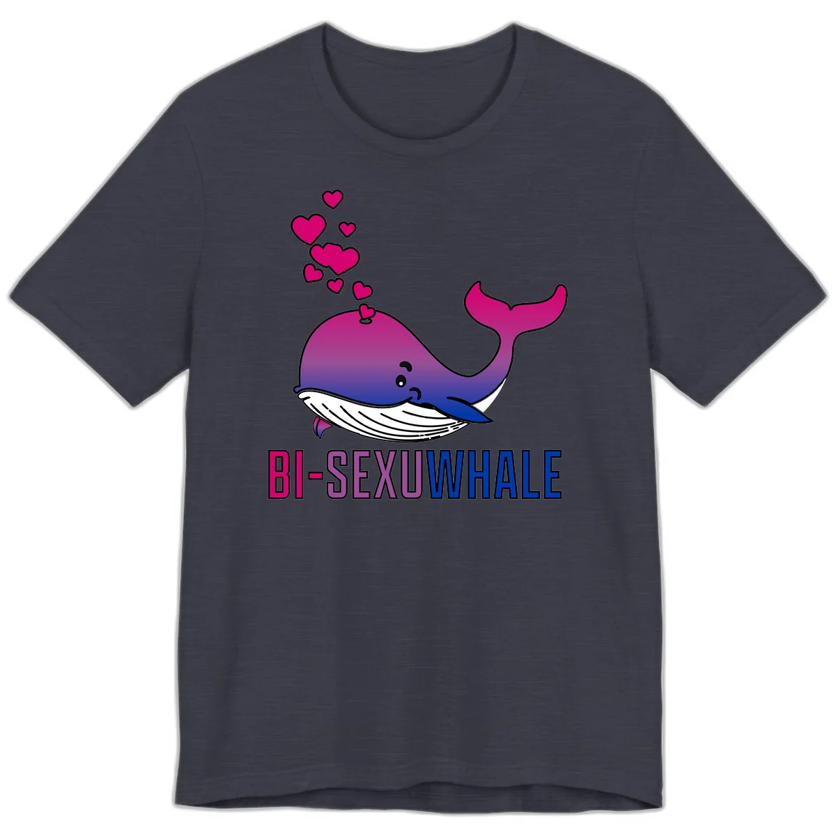 Cute smiling whale in bi pride colors (magenta, purple, blue) with floating hearts and 'BI-SEXUAL WHALE' text below in Heather Midnight Navy