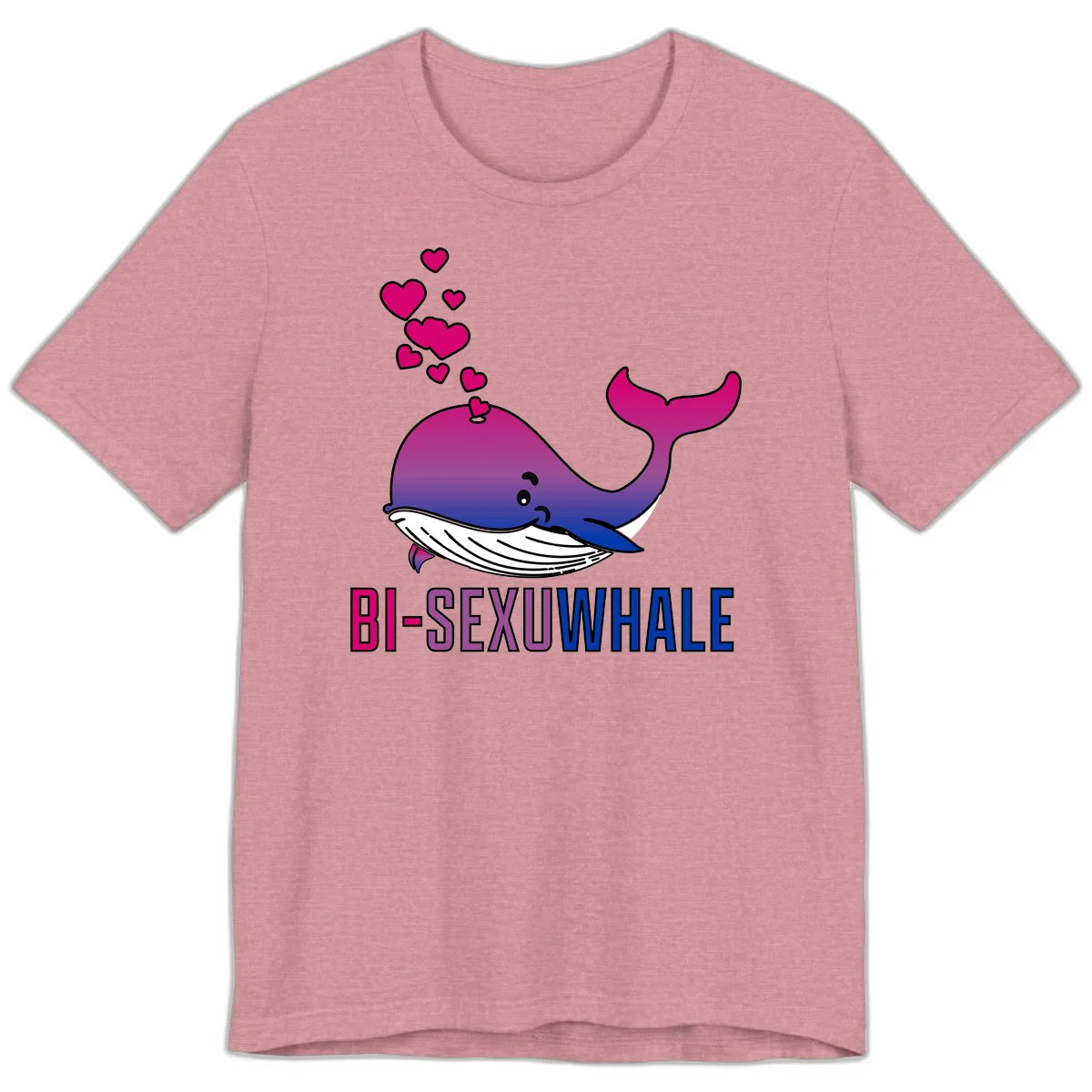 Cute smiling whale in bi pride colors (magenta, purple, blue) with floating hearts and 'BI-SEXUAL WHALE' text below in Heather Orchid