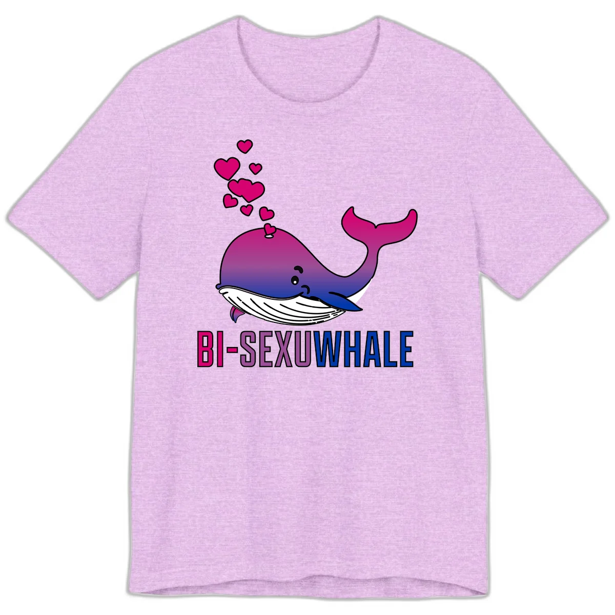 Cute smiling whale in bi pride colors (magenta, purple, blue) with floating hearts and 'BI-SEXUAL WHALE' text below in Heather Prism Lilac