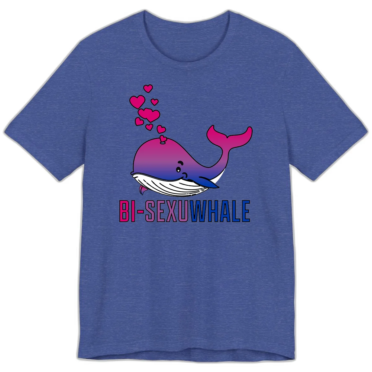 Cute smiling whale in bi pride colors (magenta, purple, blue) with floating hearts and 'BI-SEXUAL WHALE' text below in Heather True Royal