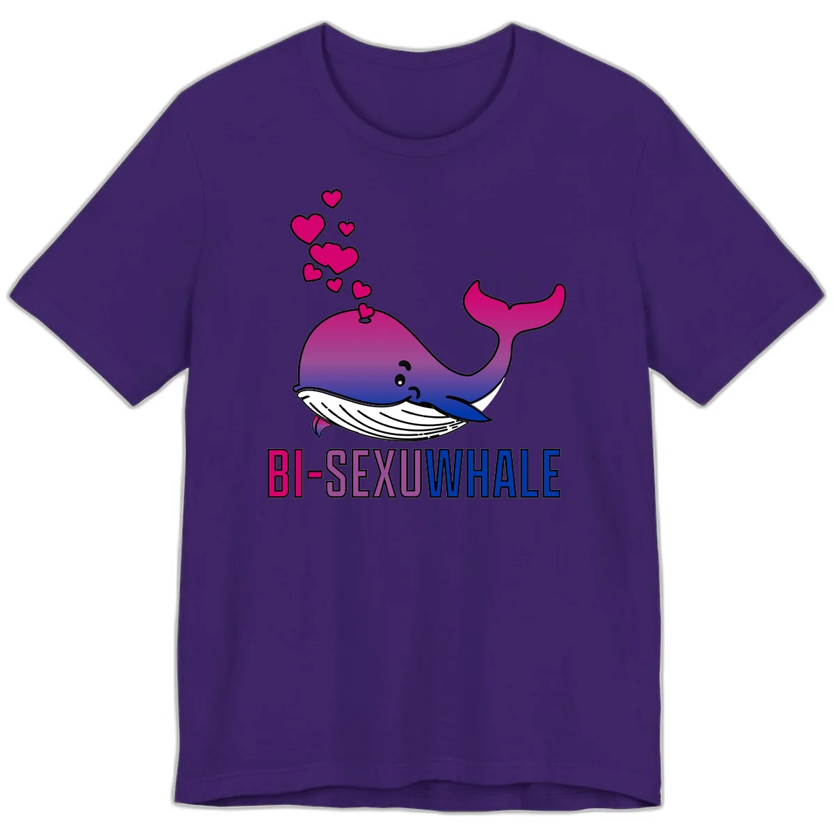 Cute smiling whale in bi pride colors (magenta, purple, blue) with floating hearts and 'BI-SEXUAL WHALE' text below in Team Purple