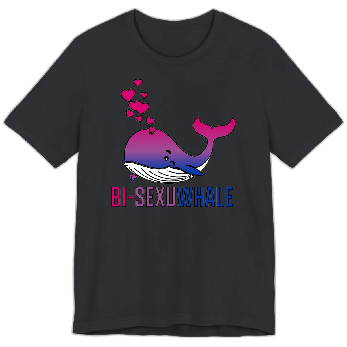 Cute smiling whale in bi pride colors (magenta, purple, blue) with floating hearts and 'BI-SEXUAL WHALE' text below in Vintage Black