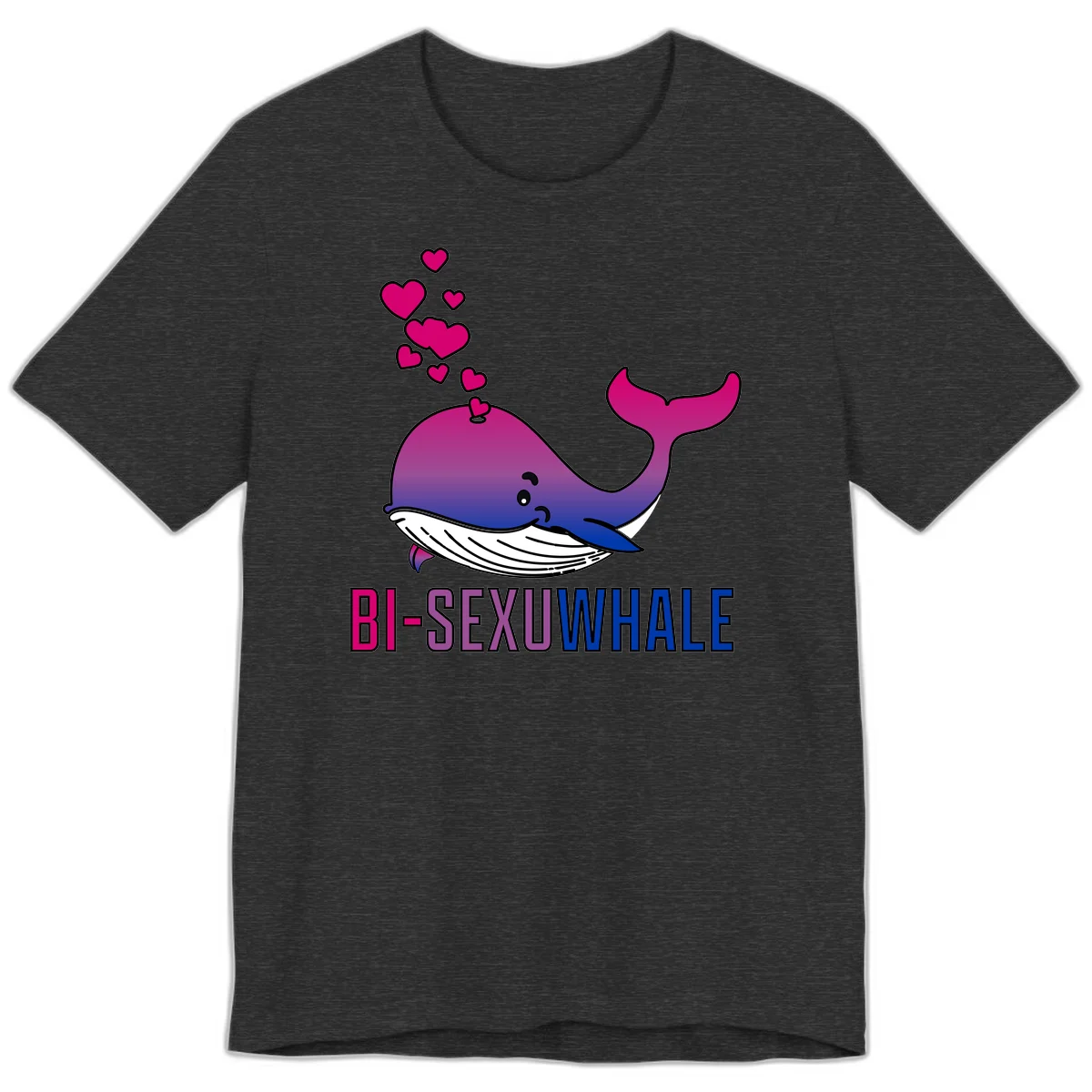 Cute smiling whale in bi pride colors (magenta, purple, blue) with floating hearts and 'BI-SEXUAL WHALE' text below in Dark Grey Heather