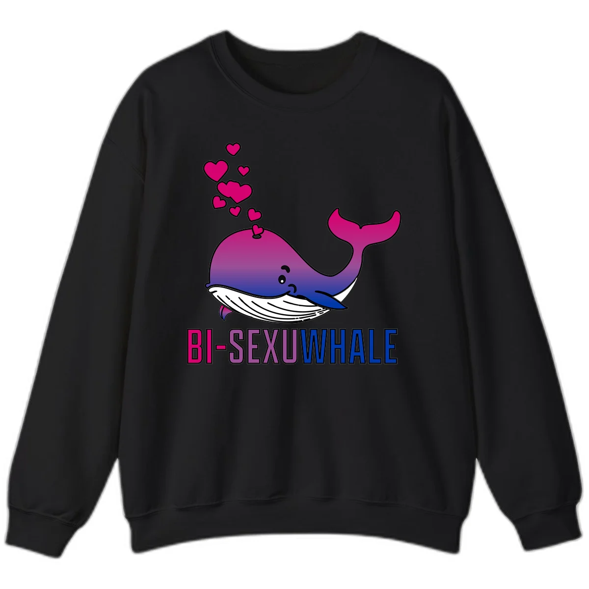 Cute smiling whale in bi pride colors (magenta, purple, blue) with floating hearts and 'BI-SEXUAL WHALE' text below in Black