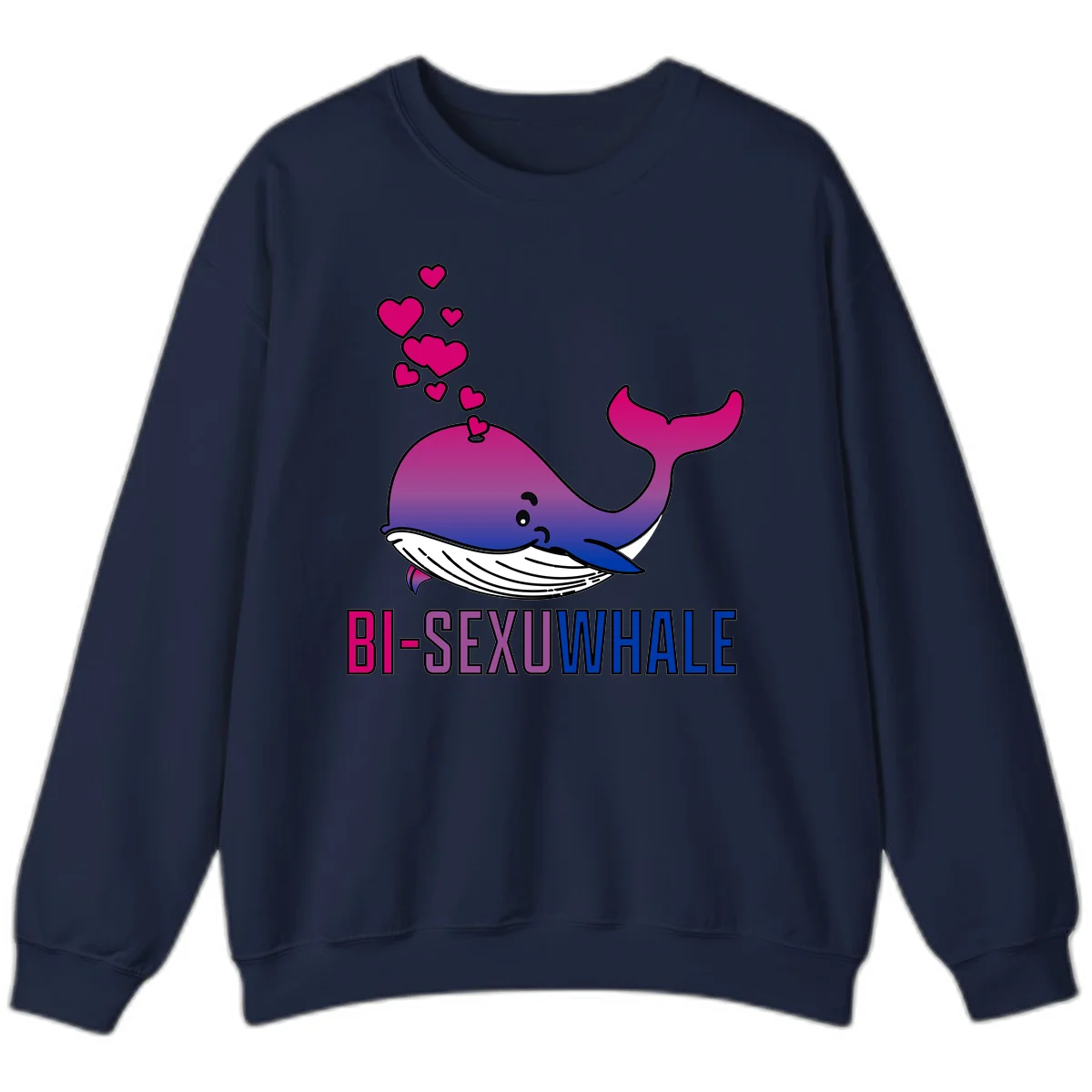 Cute smiling whale in bi pride colors (magenta, purple, blue) with floating hearts and 'BI-SEXUAL WHALE' text below in Navy