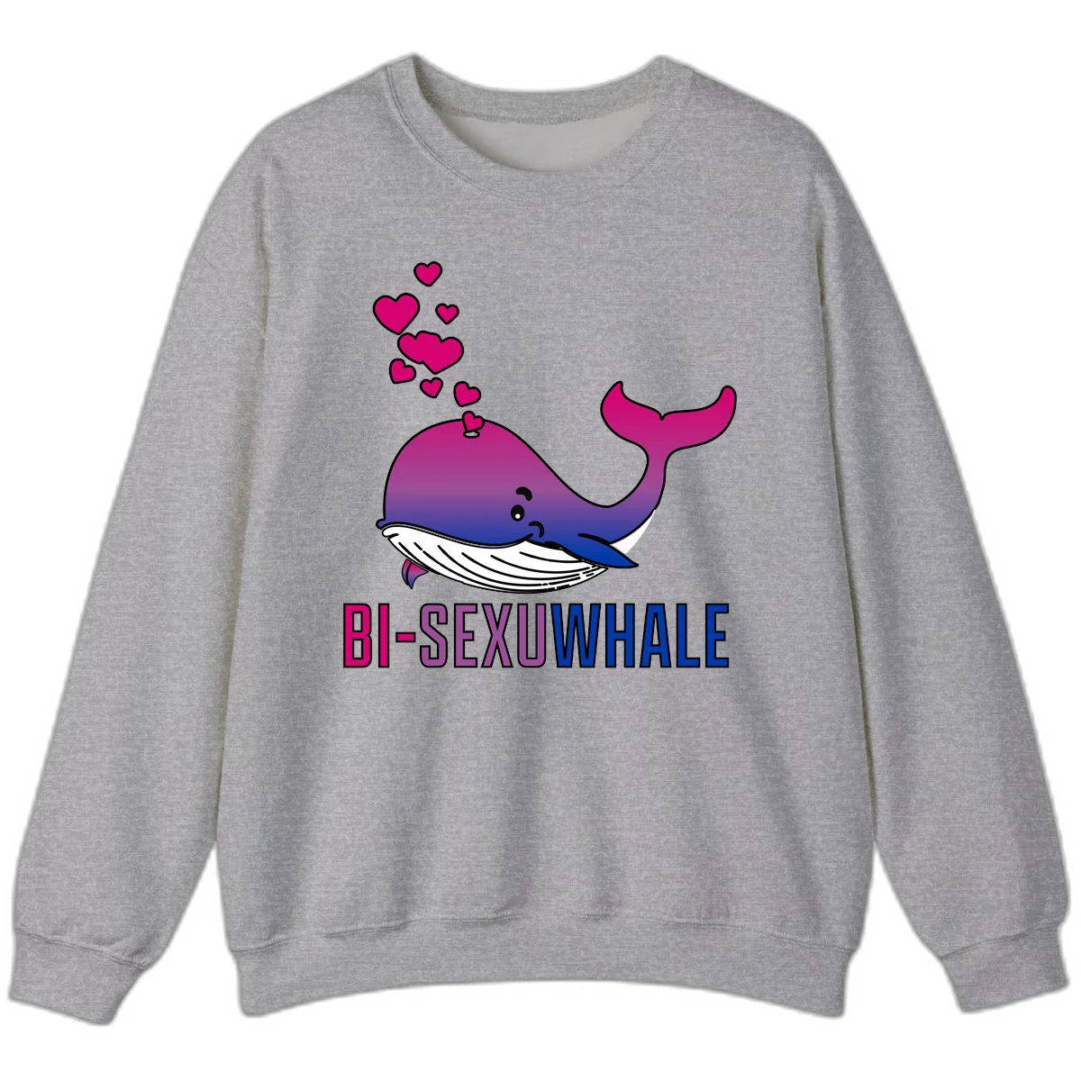 Cute smiling whale in bi pride colors (magenta, purple, blue) with floating hearts and 'BI-SEXUAL WHALE' text below in Sport Grey
