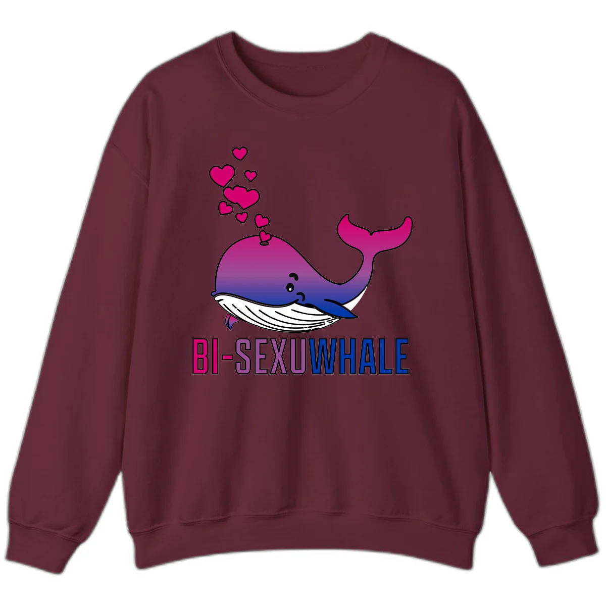 Cute smiling whale in bi pride colors (magenta, purple, blue) with floating hearts and 'BI-SEXUAL WHALE' text below in Maroon