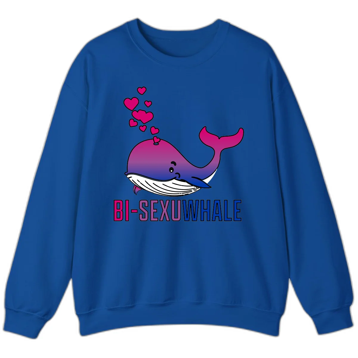 Cute smiling whale in bi pride colors (magenta, purple, blue) with floating hearts and 'BI-SEXUAL WHALE' text below in Royal