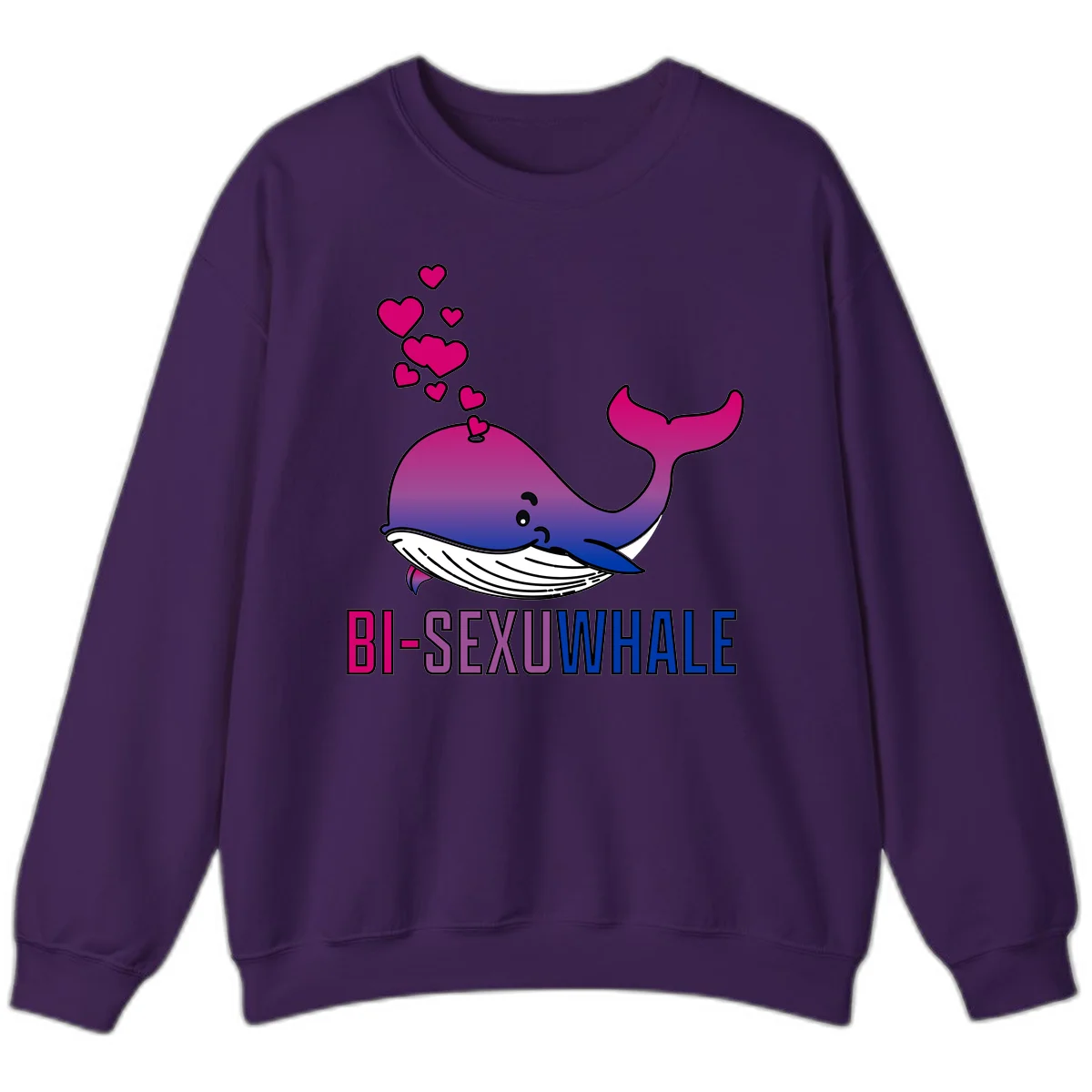 Cute smiling whale in bi pride colors (magenta, purple, blue) with floating hearts and 'BI-SEXUAL WHALE' text below in Purple