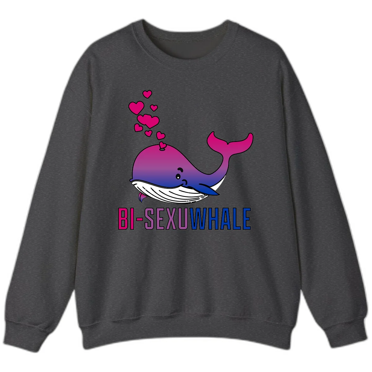 Cute smiling whale in bi pride colors (magenta, purple, blue) with floating hearts and 'BI-SEXUAL WHALE' text below in Dark Heather