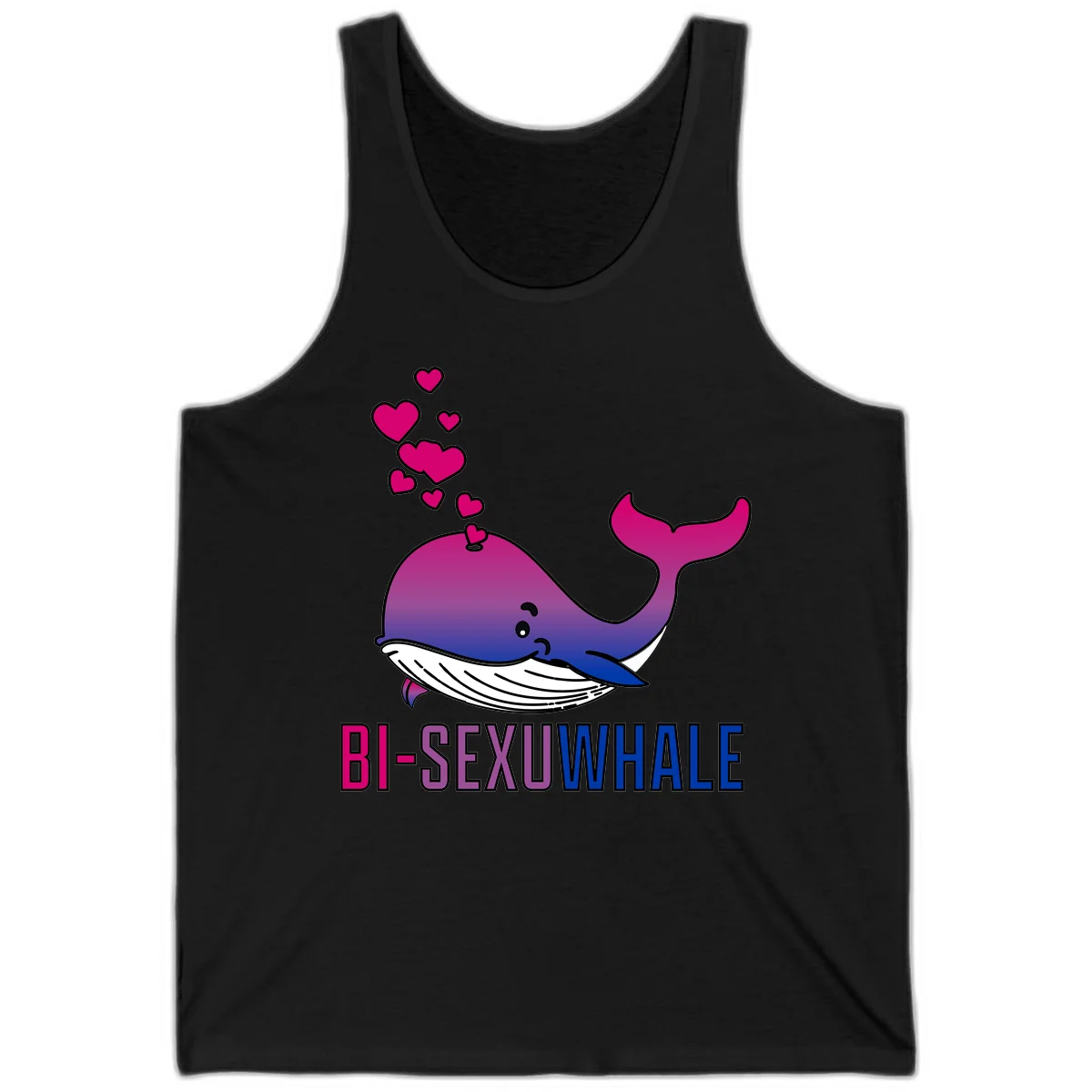 Cute smiling whale in bi pride colors (magenta, purple, blue) with floating hearts and 'BI-SEXUAL WHALE' text below in Black