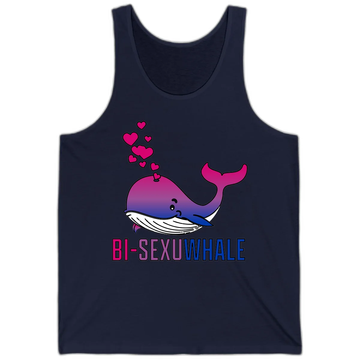 Cute smiling whale in bi pride colors (magenta, purple, blue) with floating hearts and 'BI-SEXUAL WHALE' text below in Navy