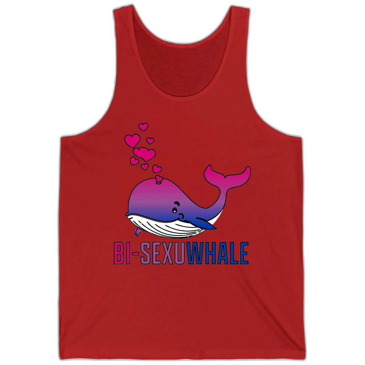 Cute smiling whale in bi pride colors (magenta, purple, blue) with floating hearts and 'BI-SEXUAL WHALE' text below in Red
