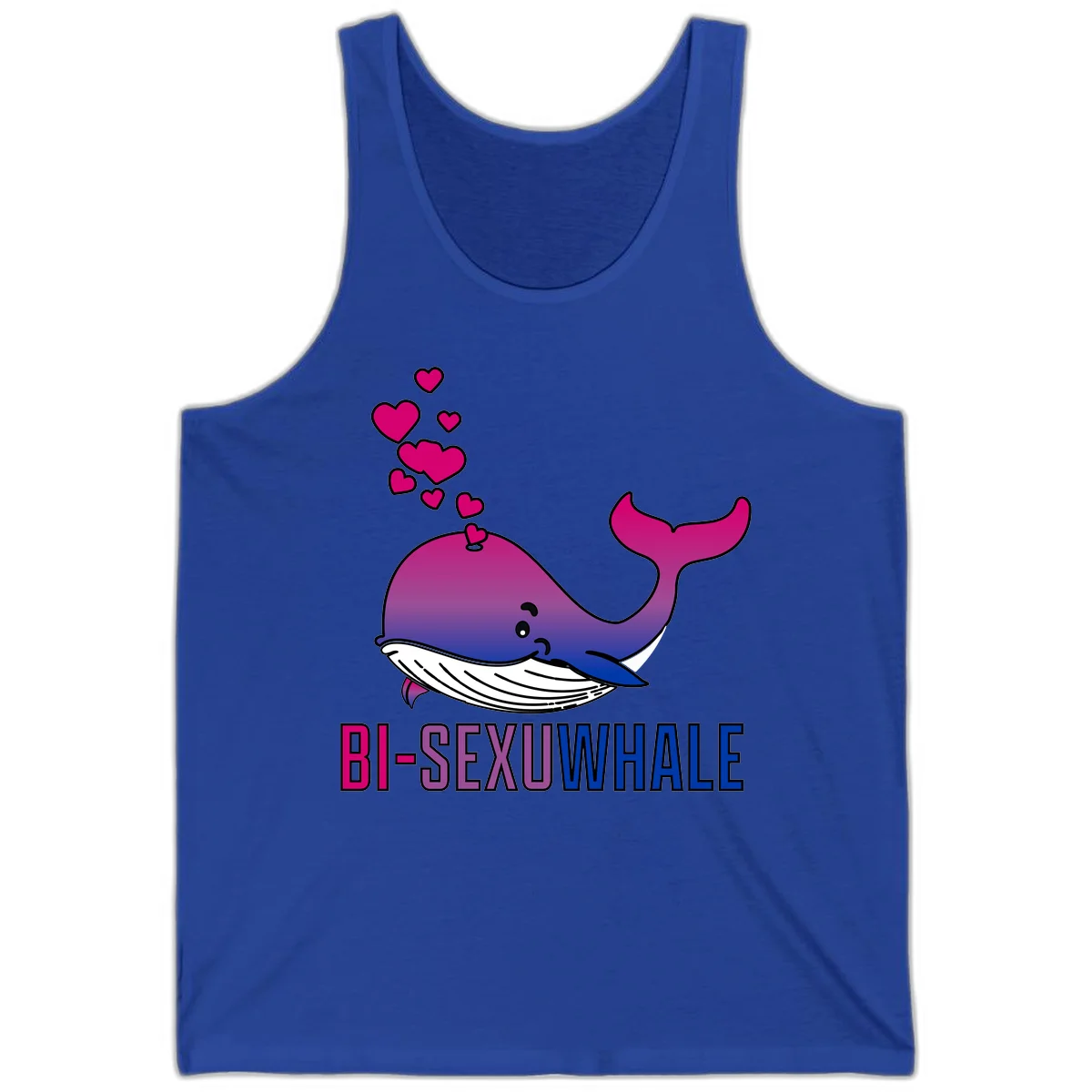 Cute smiling whale in bi pride colors (magenta, purple, blue) with floating hearts and 'BI-SEXUAL WHALE' text below in True Royal