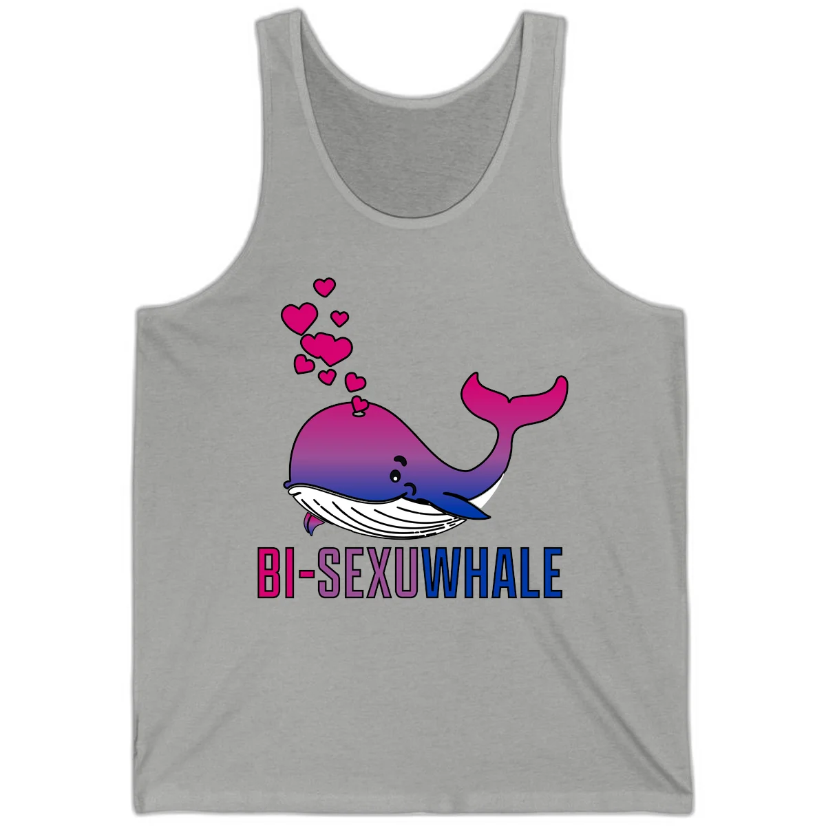 Cute smiling whale in bi pride colors (magenta, purple, blue) with floating hearts and 'BI-SEXUAL WHALE' text below in Athletic Heather
