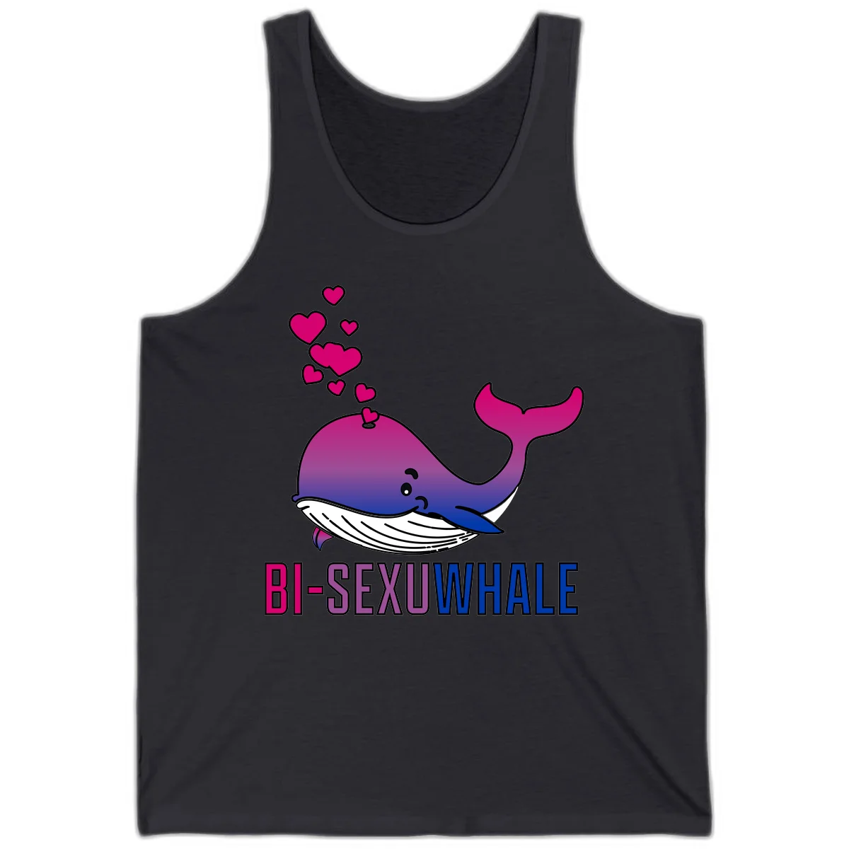 Cute smiling whale in bi pride colors (magenta, purple, blue) with floating hearts and 'BI-SEXUAL WHALE' text below in Dark Grey