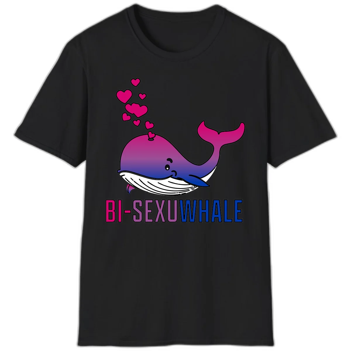 Cute smiling whale in bi pride colors (magenta, purple, blue) with floating hearts and 'BI-SEXUAL WHALE' text below in Black
