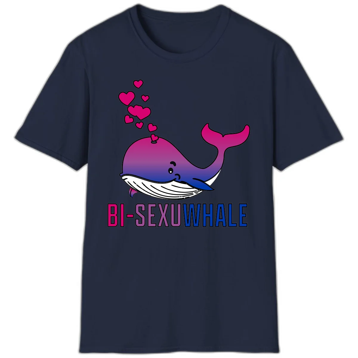 Cute smiling whale in bi pride colors (magenta, purple, blue) with floating hearts and 'BI-SEXUAL WHALE' text below in Navy