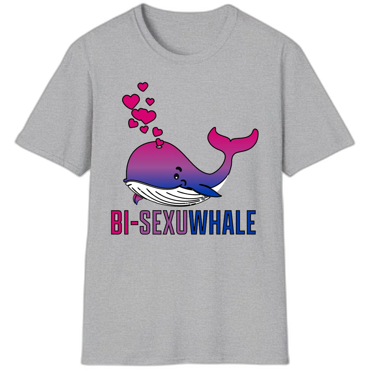 Cute smiling whale in bi pride colors (magenta, purple, blue) with floating hearts and 'BI-SEXUAL WHALE' text below in Sport Grey