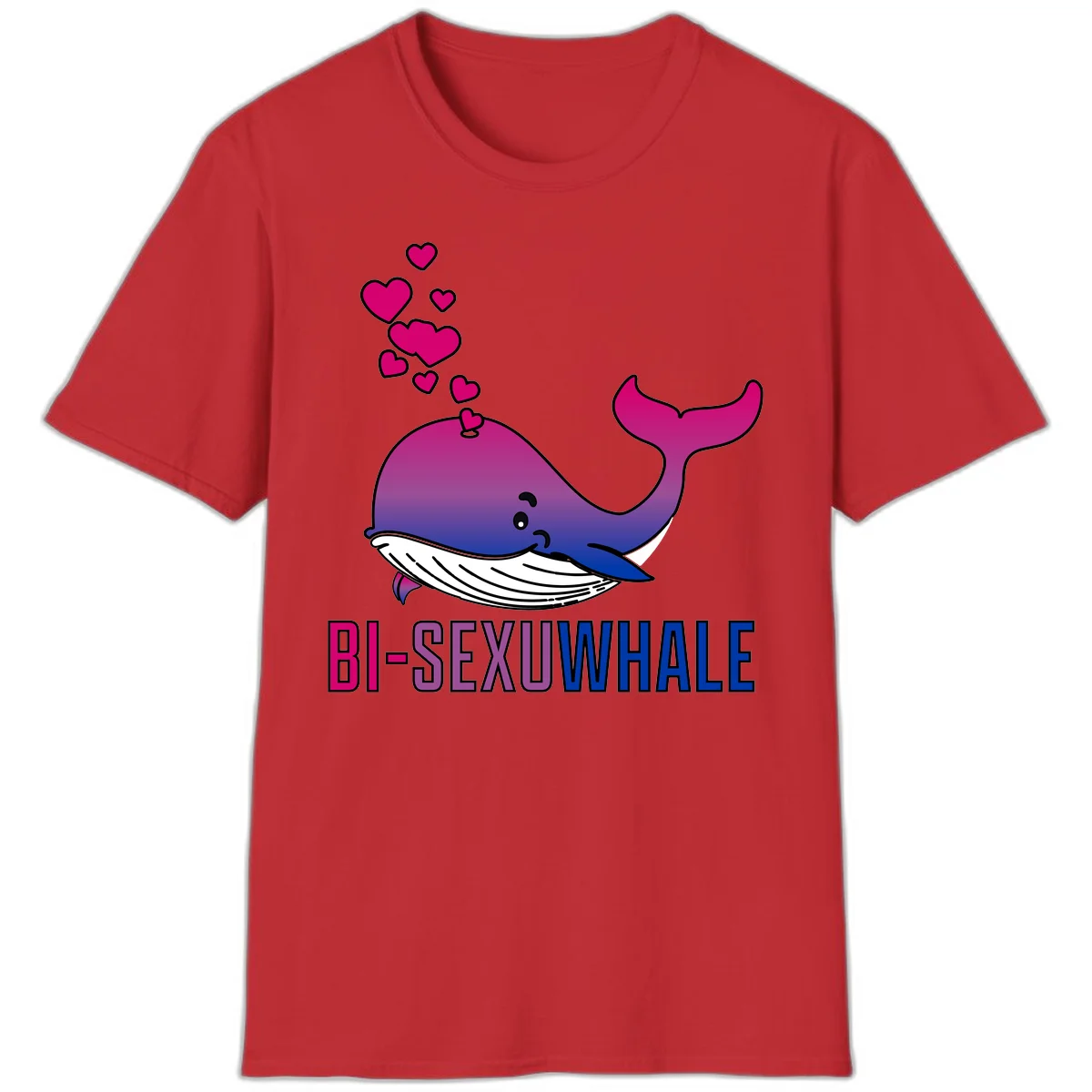 Cute smiling whale in bi pride colors (magenta, purple, blue) with floating hearts and 'BI-SEXUAL WHALE' text below in Red