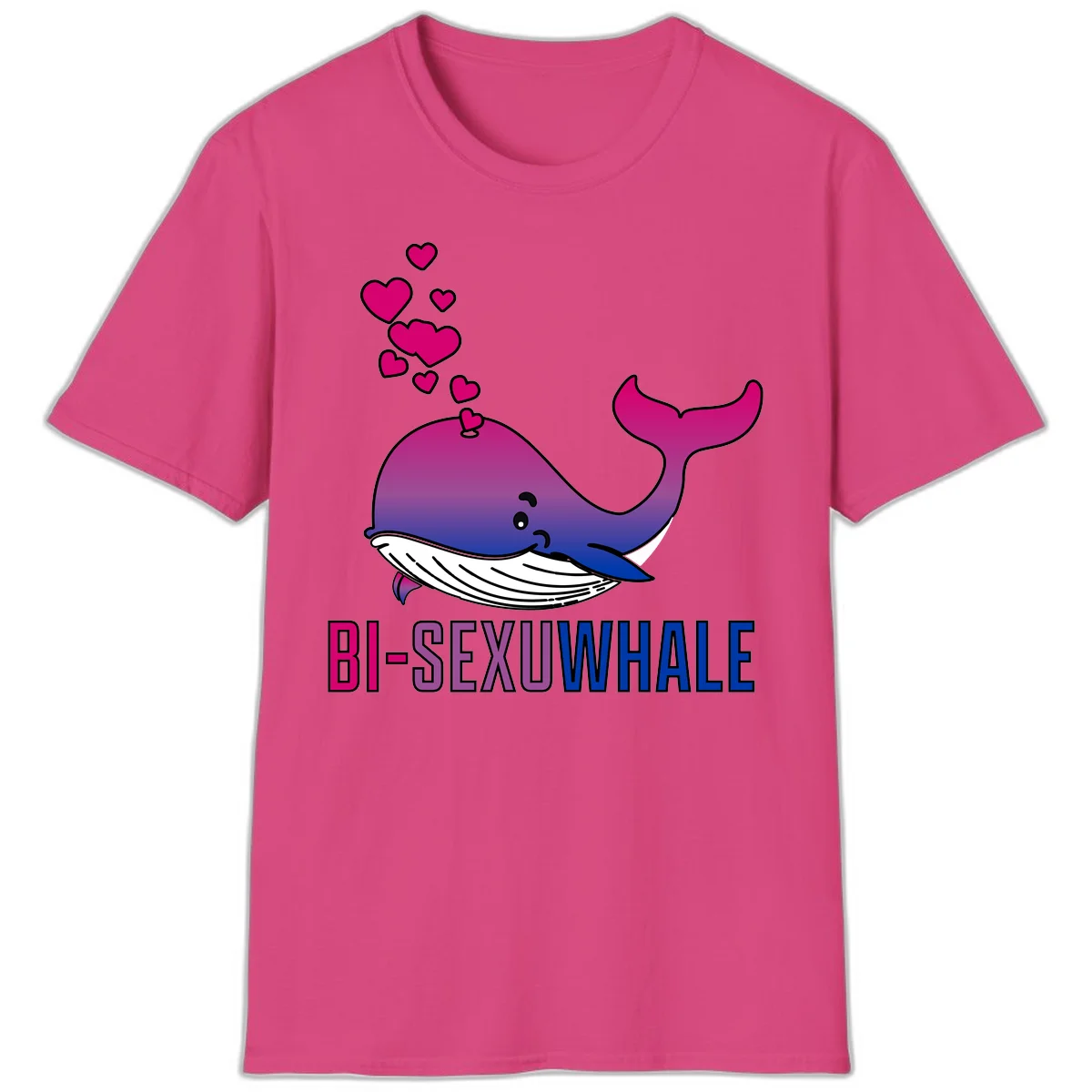 Cute smiling whale in bi pride colors (magenta, purple, blue) with floating hearts and 'BI-SEXUAL WHALE' text below in Heliconia