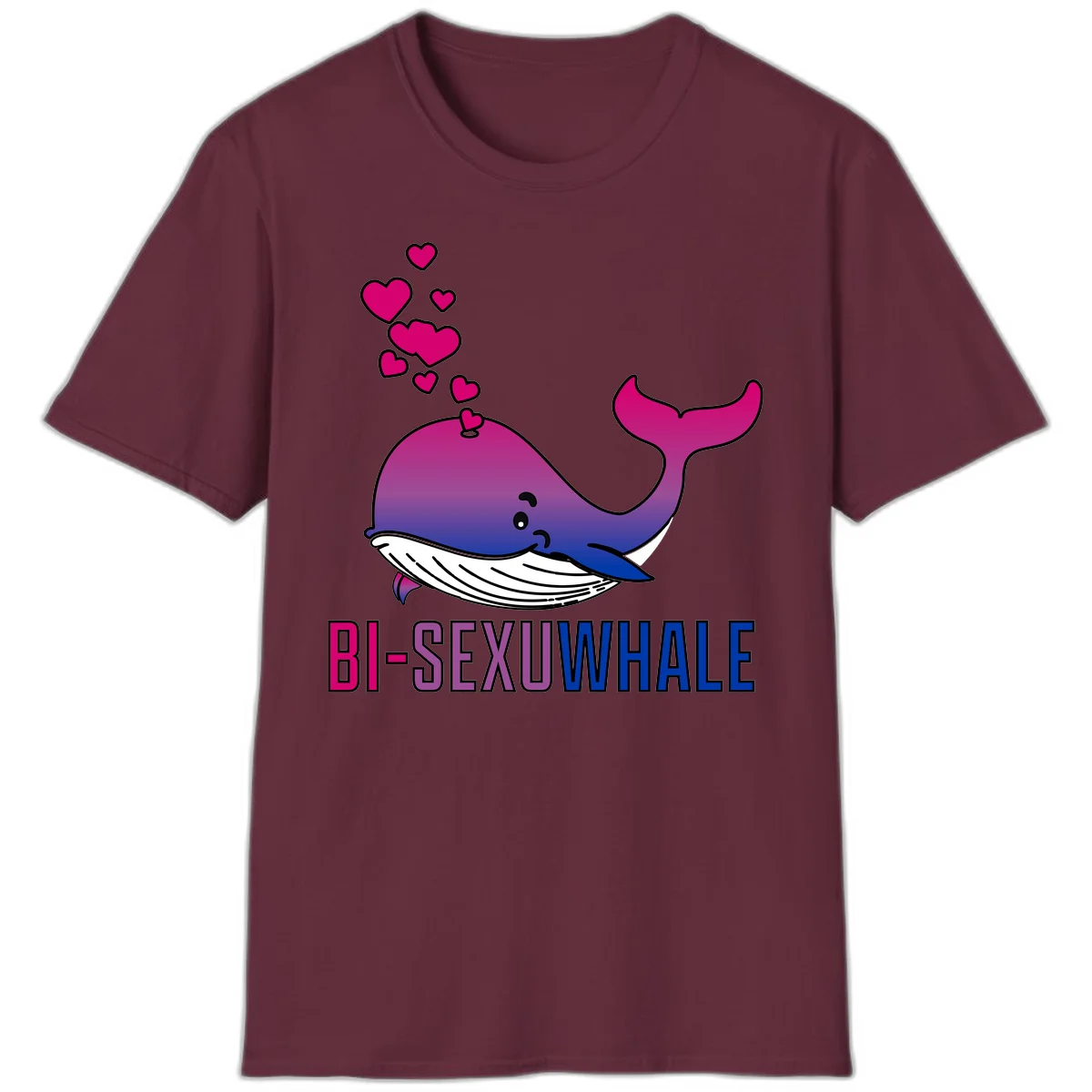 Cute smiling whale in bi pride colors (magenta, purple, blue) with floating hearts and 'BI-SEXUAL WHALE' text below in Maroon