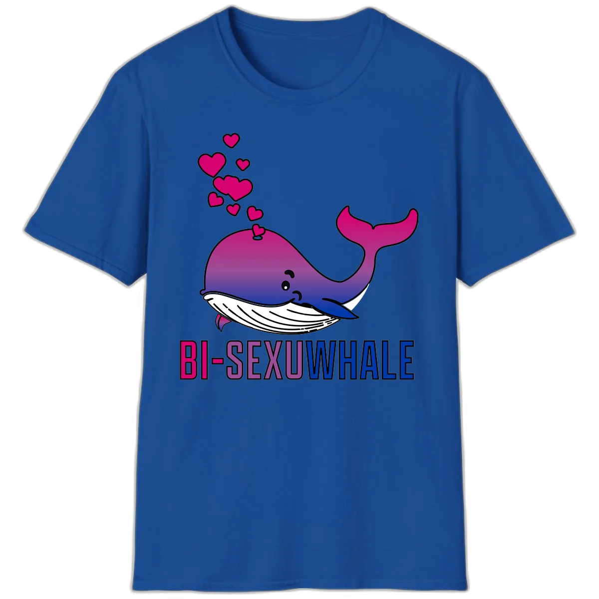 Cute smiling whale in bi pride colors (magenta, purple, blue) with floating hearts and 'BI-SEXUAL WHALE' text below in Royal