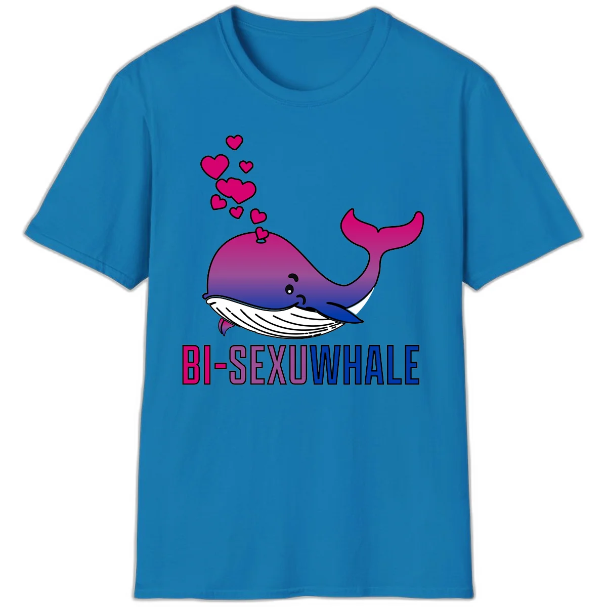 Cute smiling whale in bi pride colors (magenta, purple, blue) with floating hearts and 'BI-SEXUAL WHALE' text below in Sapphire