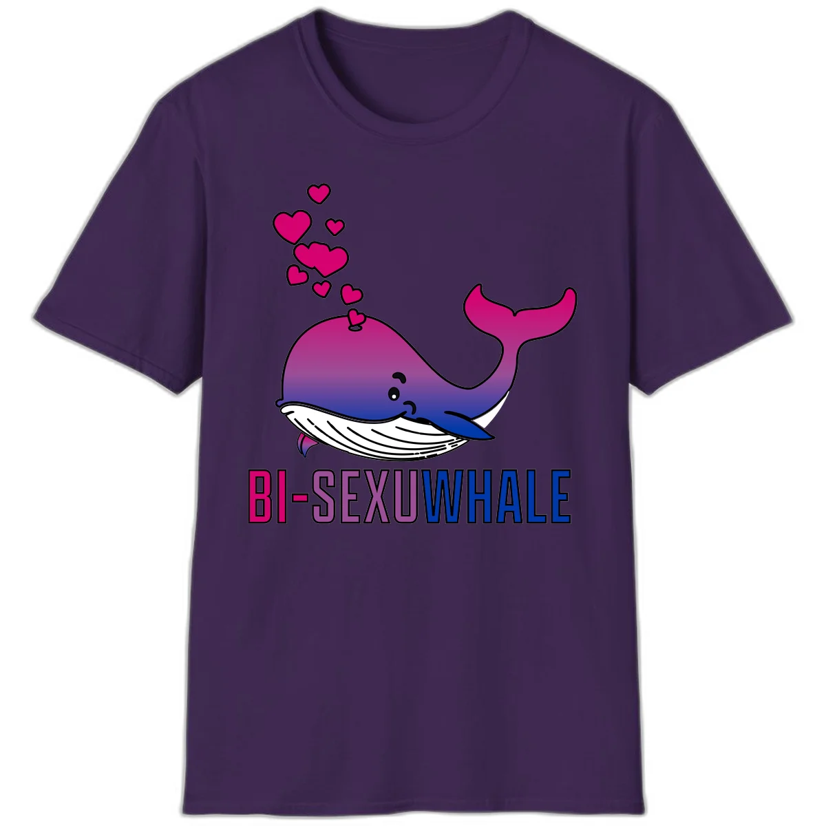Cute smiling whale in bi pride colors (magenta, purple, blue) with floating hearts and 'BI-SEXUAL WHALE' text below in Purple