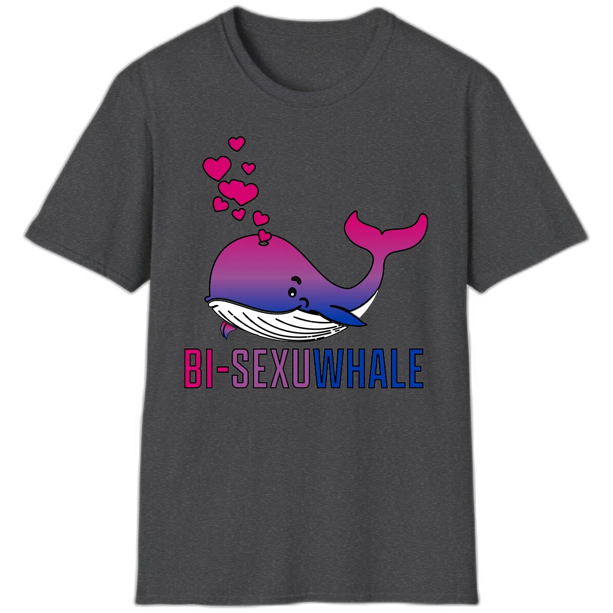 Cute smiling whale in bi pride colors (magenta, purple, blue) with floating hearts and 'BI-SEXUAL WHALE' text below in Dark Heather