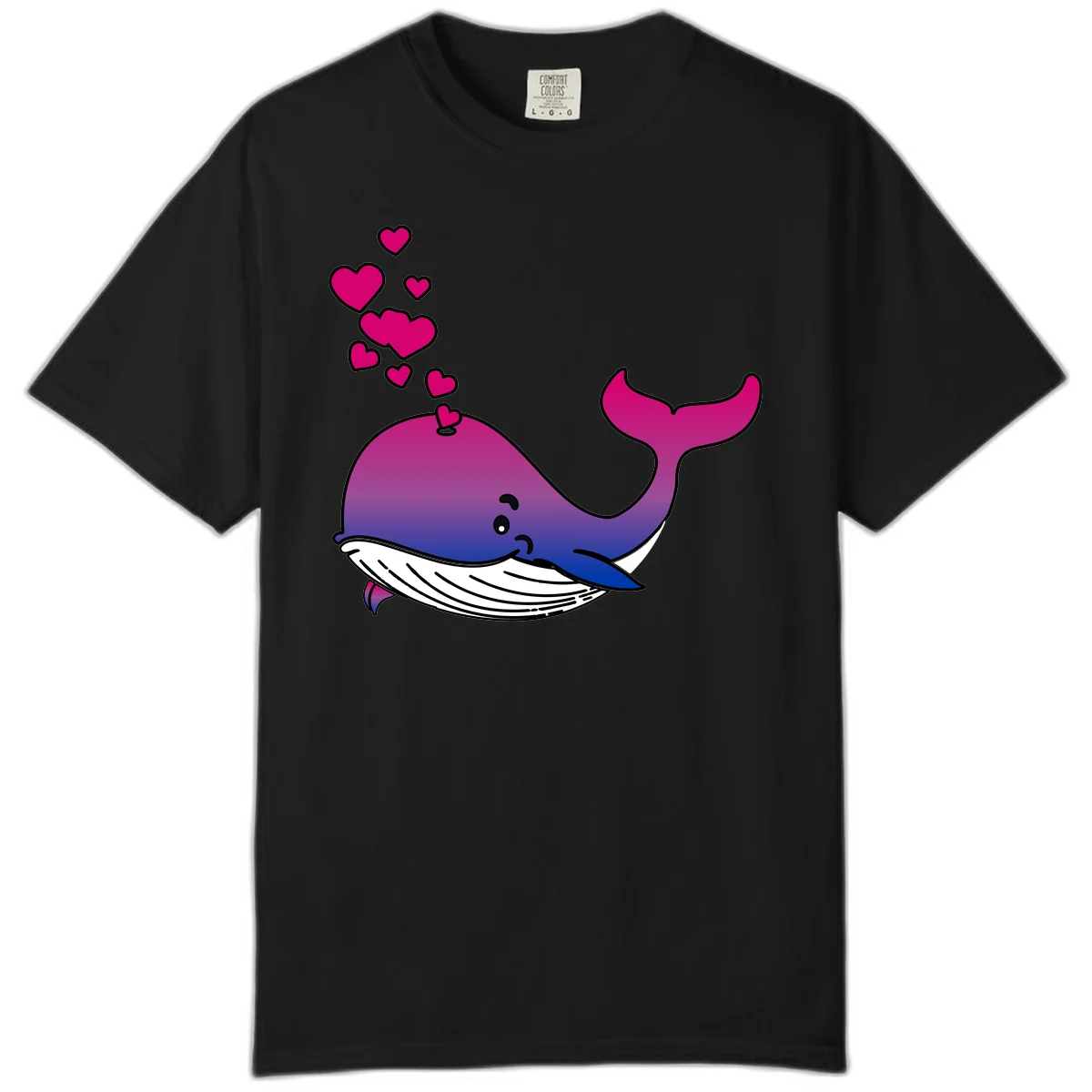 Illustration of a gradient magenta and blue whale spouting pink hearts, representing love and ocean wildlife in Black